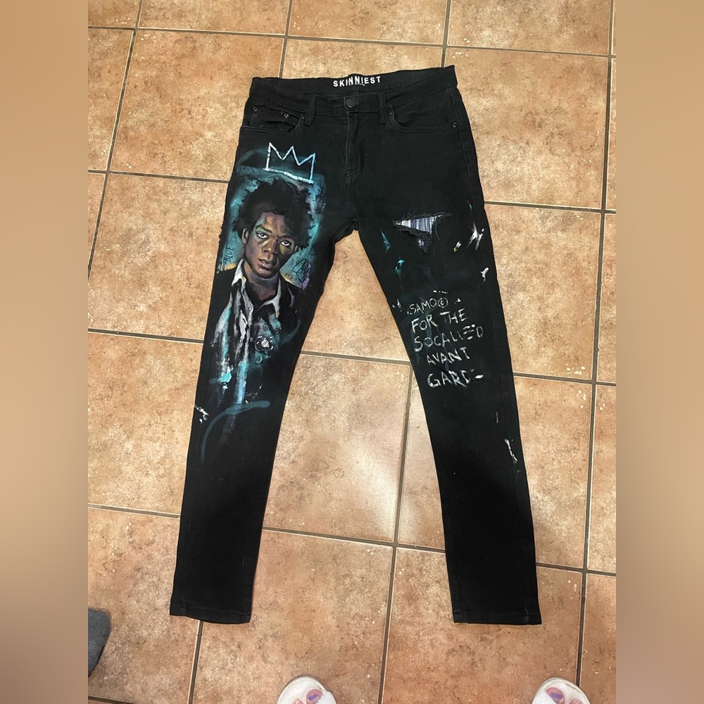 Skinny black jeans hand painted artiste art by Tai Samoo for the so called avant